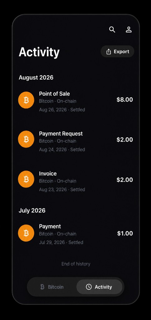 Hachisu activity screen showing settled Bitcoin payments